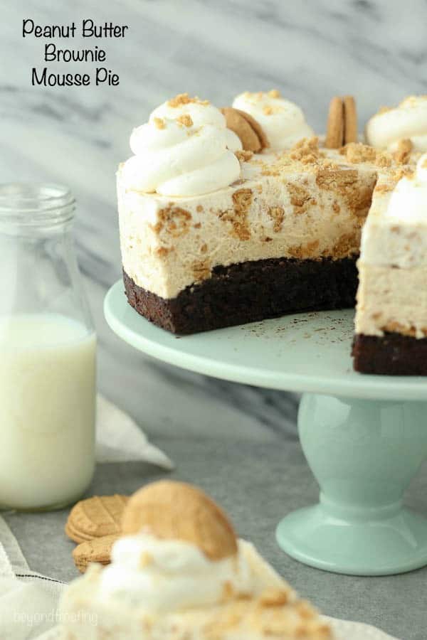 This is a Peanut Butter Brownie Mousse Pie has a fudgy brownie bottom with a layer of peanut butter cookie cheesecake and it’s topped with a Nutter Butter Mousse.
