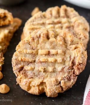 Close up of two peanut butter Nutella cookies.