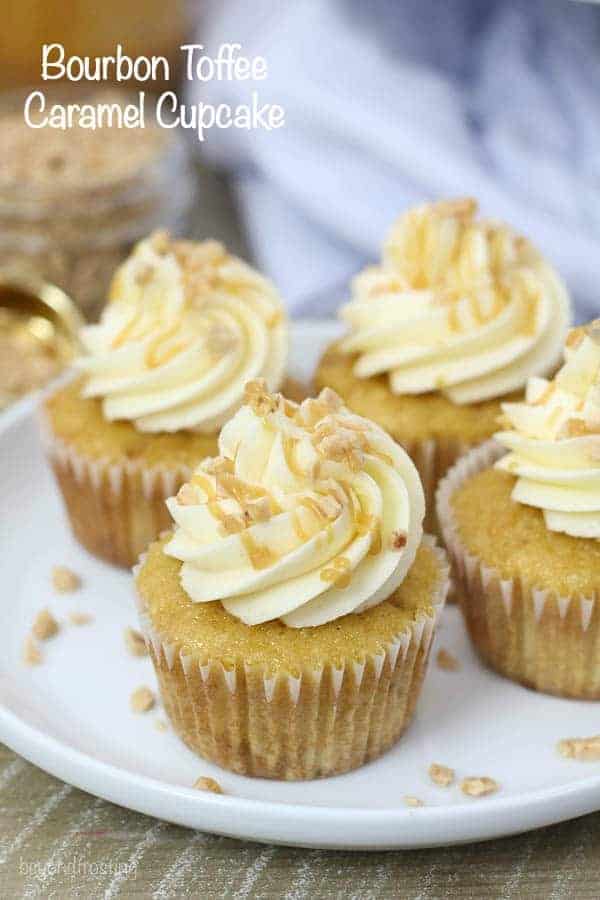 These Toffee Caramel Cupcakes with Bourbon Caramel Buttercream are homemade caramel based cupcakes with toffee pieces and it’s covered with a Bourbon Caramel frosting.