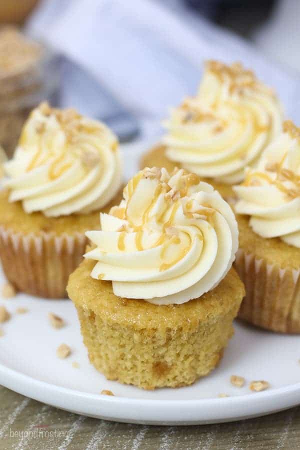 These Toffee Caramel Cupcakes with Bourbon Caramel Buttercream are homemade caramel based cupcakes with toffee pieces and it’s covered with a Bourbon Caramel frosting.