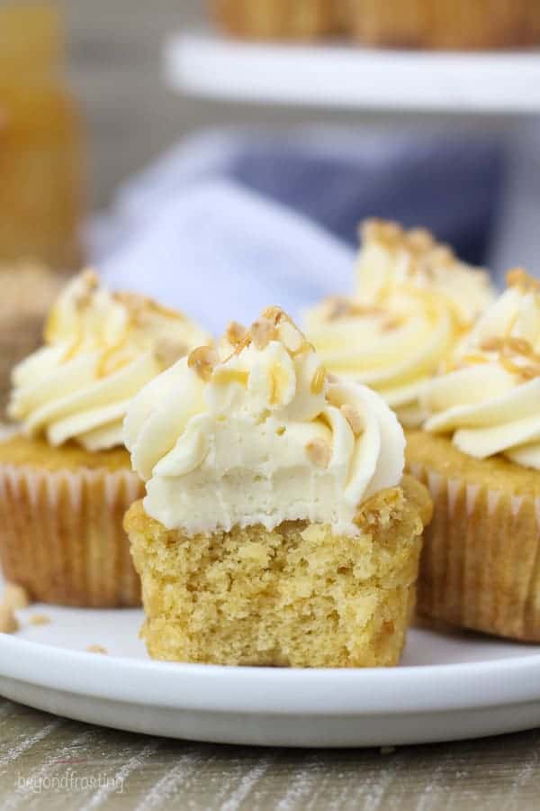 These Toffee Caramel Cupcakes with Bourbon Caramel Buttercream are homemade caramel based cupcakes with toffee pieces and it’s covered with a Bourbon Caramel frosting.