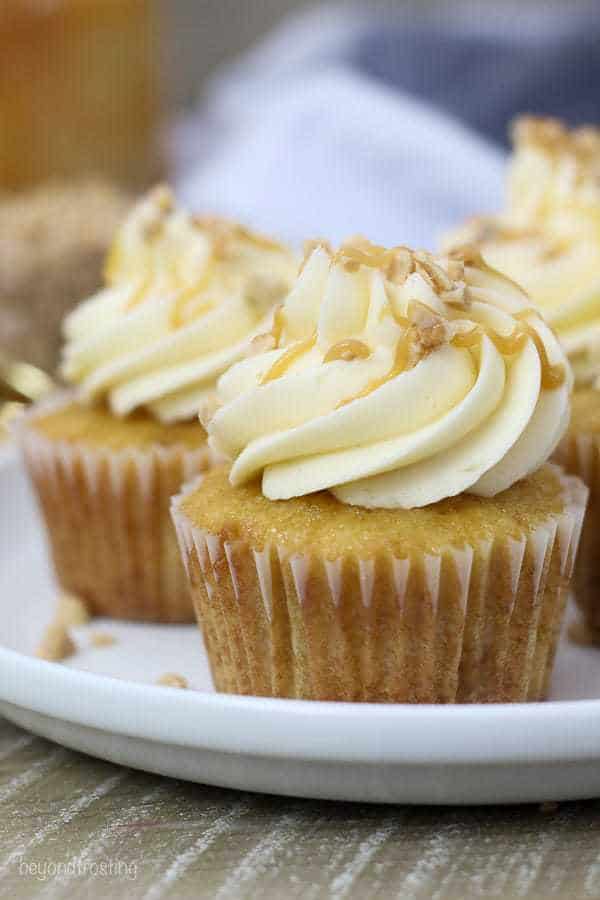 These Toffee Caramel Cupcakes with Bourbon Caramel Buttercream are homemade caramel based cupcakes with toffee pieces and it’s covered with a Bourbon Caramel frosting.