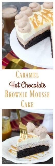 This decadent Caramel Hot Chocolate Brownie Mousse cake is three layers of dessert bliss. There is a layer of hot chocolate mousse and it’s topped with a caramel whipped cream.
