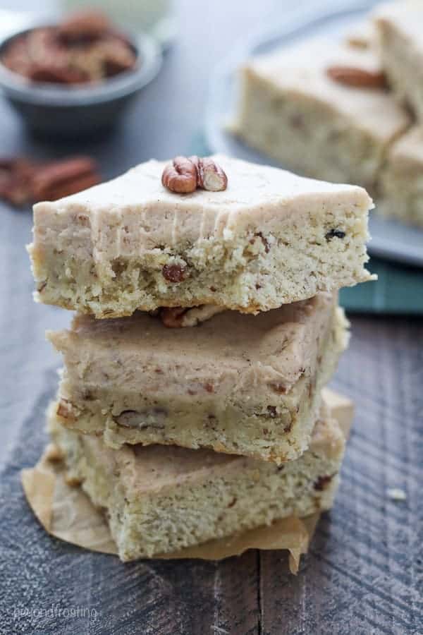These buttery Maple Pecan Cookie Bars have a touch of maple syrup and are loaded with pecans. They’re finished with a brown sugar pecan frosting.