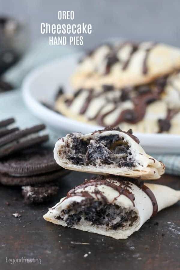 These OREO Cheesecake Hand Pies feature a flakey pie crust filled with a creamy OREO cheesecake filling topped with a chocolate ganache.