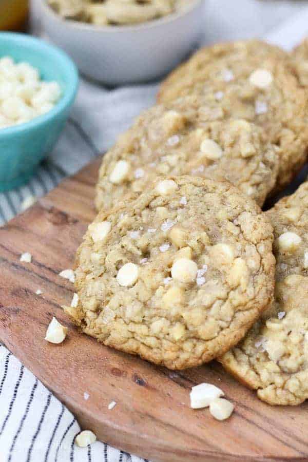 Mouthwatering and highly addictive, these Salted Caramel Cashew Oatmeal Cookies are soft and chewy filled with chopped cashews, gooey sea salt and white chocolate chips. 