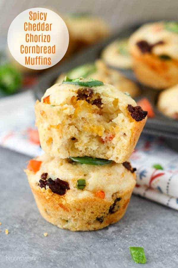 These tex-mex inspired Spicy Cheddar Chorizo Cornbread Muffins are stuffed full of chorizo, red peppers, jalapeños and cheddar cheese.