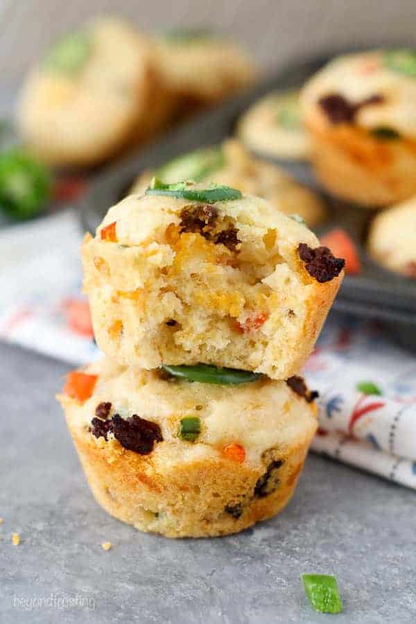 These tex-mex inspired Spicy Cheddar Chorizo Cornbread Muffins are stuffed full of chorizo, red peppers, jalapeños and cheddar cheese.