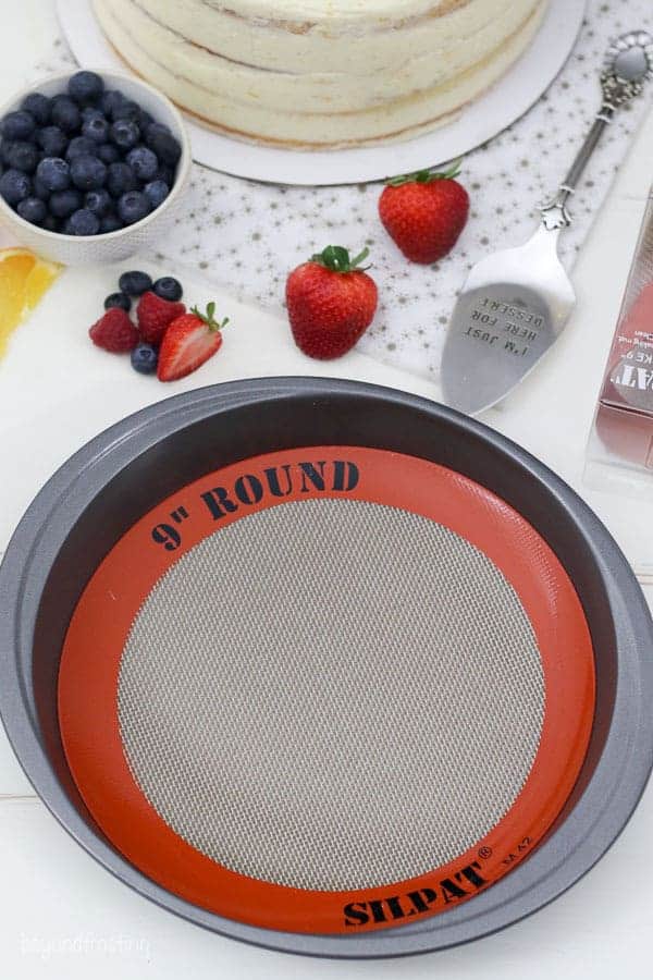 A 9 inch round pan with a round silpat liner in the pan