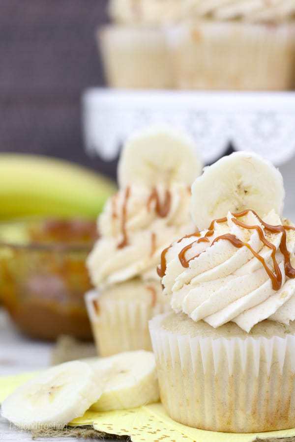 a close up show of banana pudding cupcakes