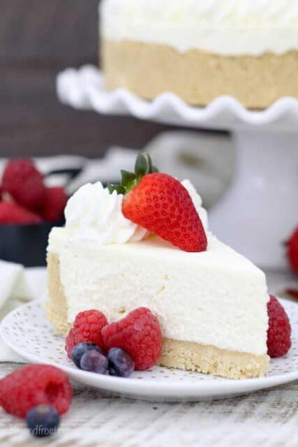 a slice of no-bake cheesecake on a plate with fruit