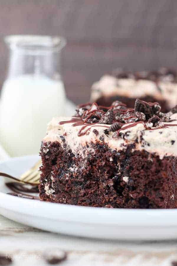 a slice of mocha Oreo poke cake