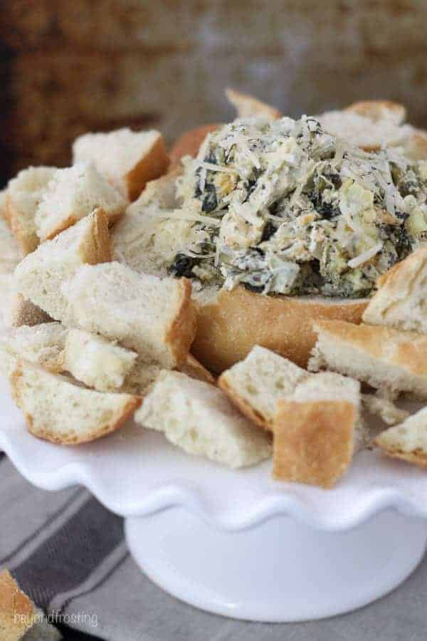 Weight Watchers Spinach and Artichoke Dip in a bread bowl