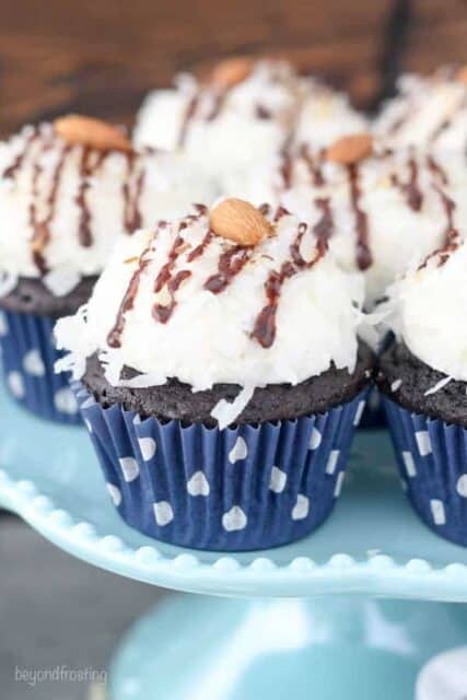 A few almond joy cupcakes on a cake plate
