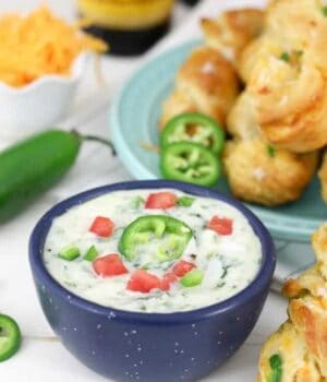 A image of cheese dip with jalapanos and sliced tomatoes on top. Soft pretzels in the background