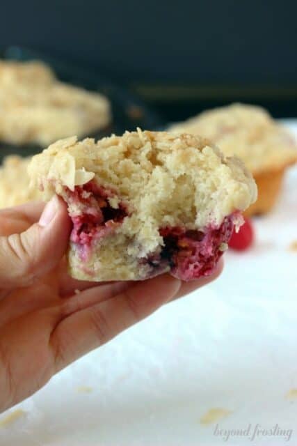 A large lemon raspberry muffins with a bit taken out of it, showing the fresh raspberries inside.
