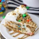 Layers of oatmeal cookies, peanut butter oatmeal cookie dough, a peanut butter mousse and MnMs. This overhead shot shows the top of the icebox cake