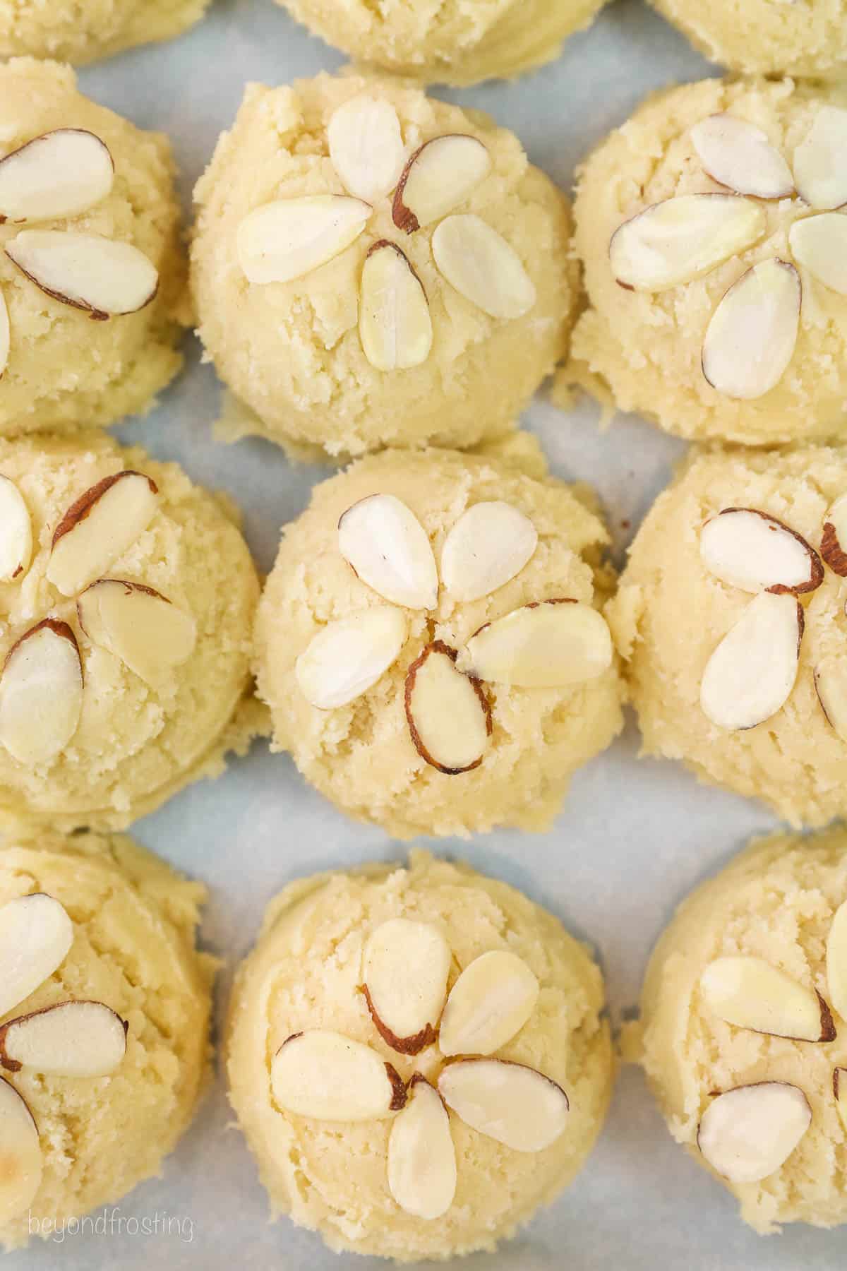 Almond cookie dough balls in rows on a baking sheet, topped with slivered almonds.