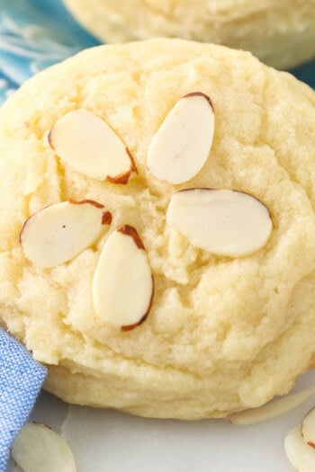 Close up of a almond cookie decorated with sliced almonds.
