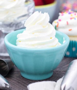 A teal dish filled with a piped whipped cream swirl.