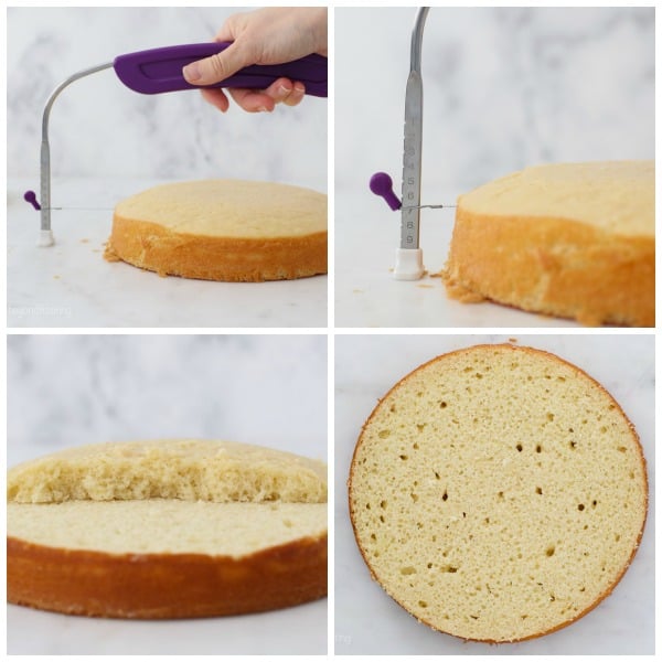 4 photos collaged together to show how to torte and level a cake layer