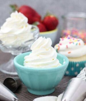 A teal dish filled with piped whipped cream