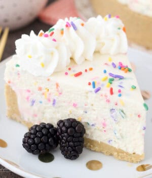 A slice of funfetti cheesecake on a plate, next to two blackberries.