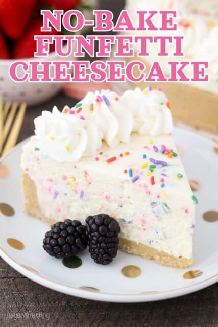 Pinterest title image for No Bake Funfetti Cheesecake.