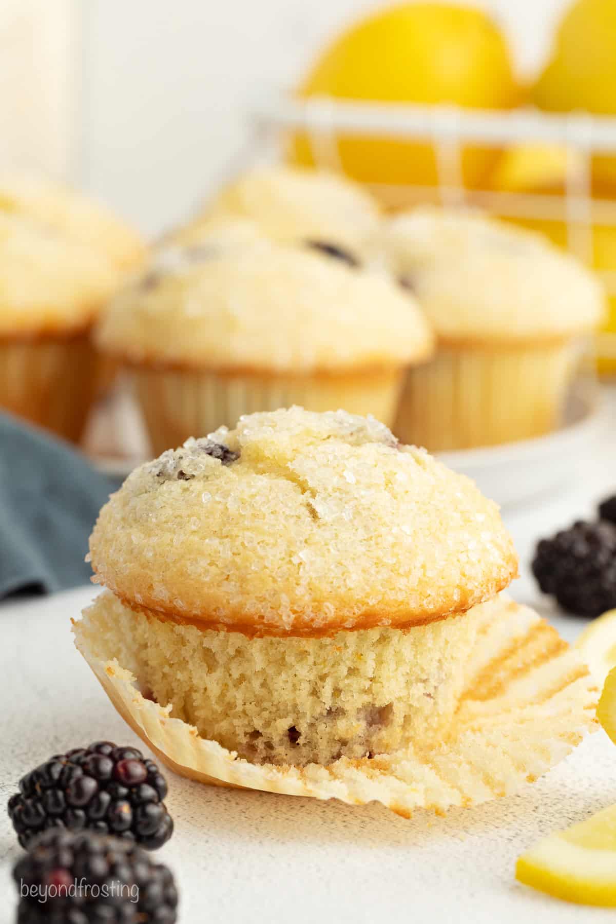 These lemon blackberry muffins are an easy summer treat bursting with fresh citrus and juicy blackberries beneath a crunchy sugar topping. A lemon blackberry muffin partially unwrapped from a paper wrapper, with more muffins in the background.