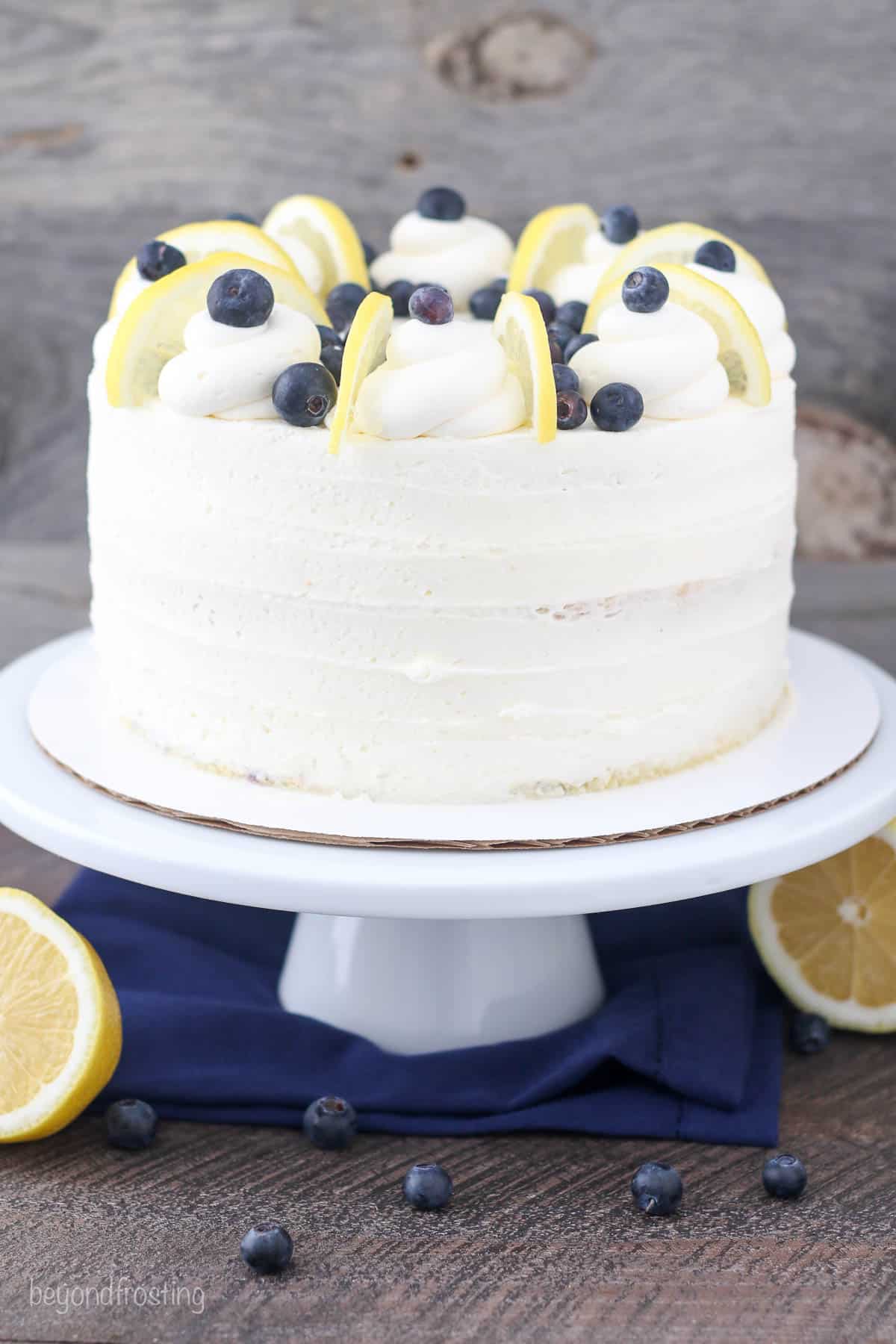 Lemon blueberry cake on a cake stand