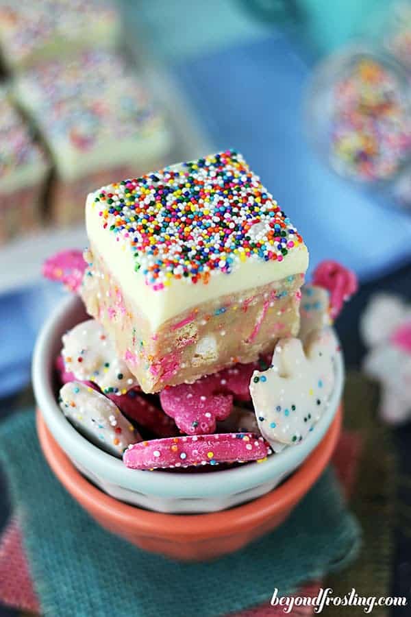 A top down look at a cookie dough truffle bar with sprinkles on top