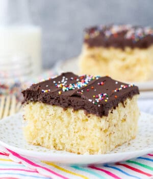 Two slices of yellow birthday cake with chocolate frosting and sprinkles
