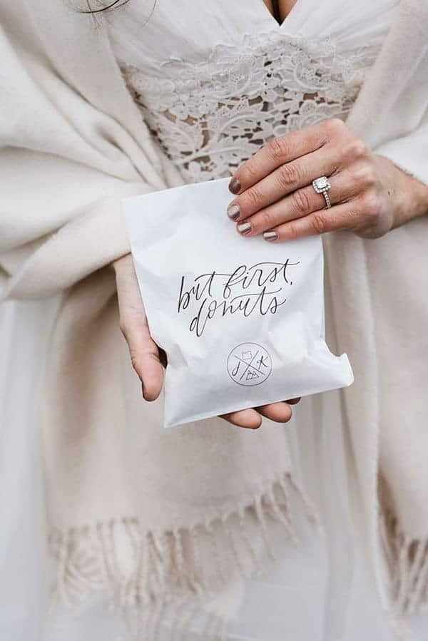 Donut Favor bags for this outdoor winter wedding in Central Oregon. © Kimberly Kay Photography