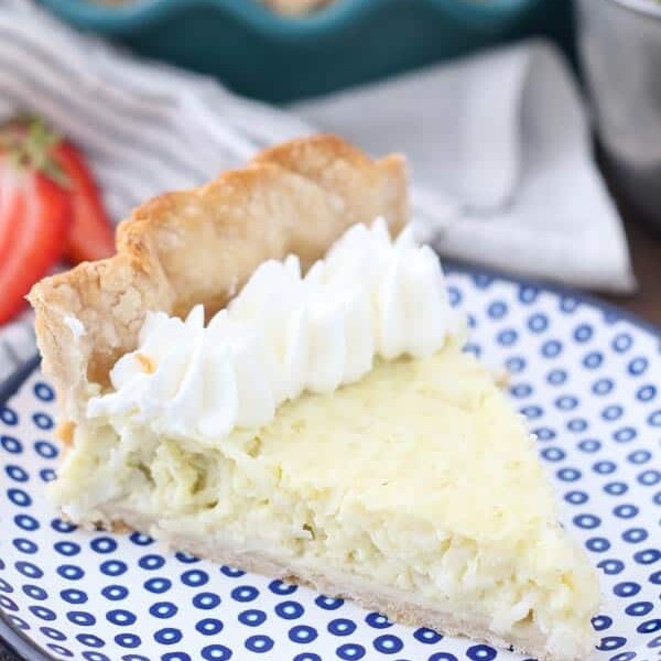 A Slice of Coconut Pie on a Blue Polka Dot Plate