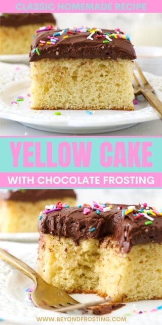 Pinterest title image for Yellow Cake with Chocolate Frosting.