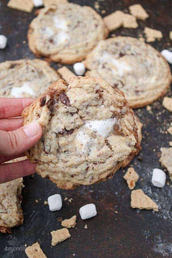 A hand holding a gooey s'mores cookie in the air