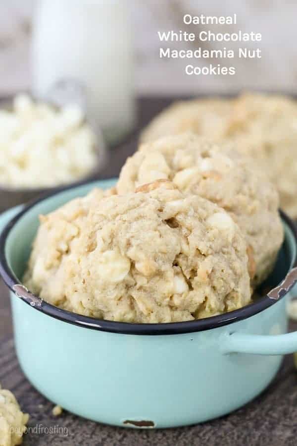 A bowl of Oatmeal White Chocolate Macadamia Nut Cookies