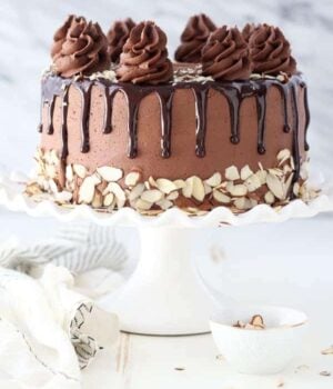 A Mocha Almond Fudge Cake Dripping with Chocolate Syrup on a Cake Stand