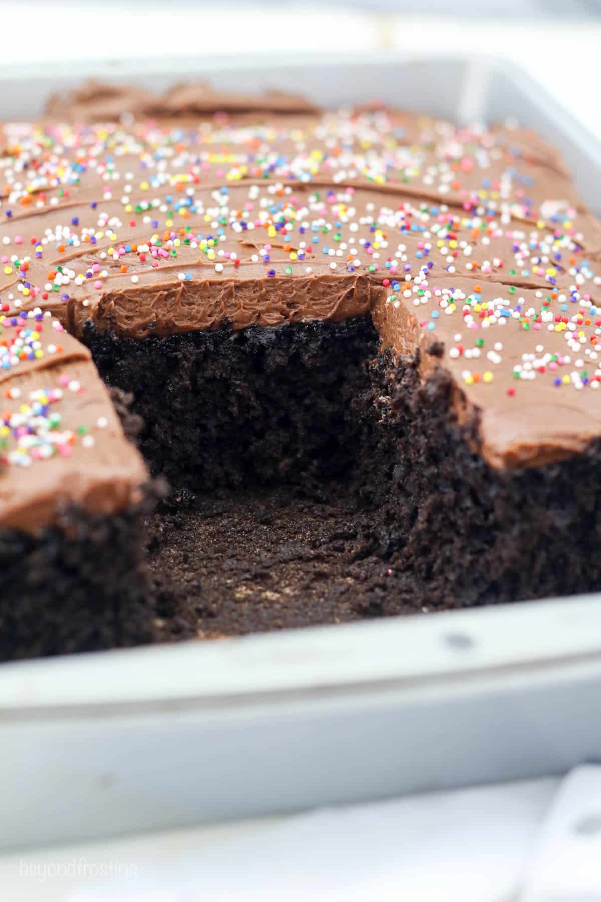 Frosted chocolate cake topped with sprinkles in a 9x13 baking dish with slices missing.