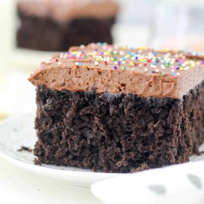 A slice of frosted chocolate cake topped with rainbow sprinkles on a white plate.