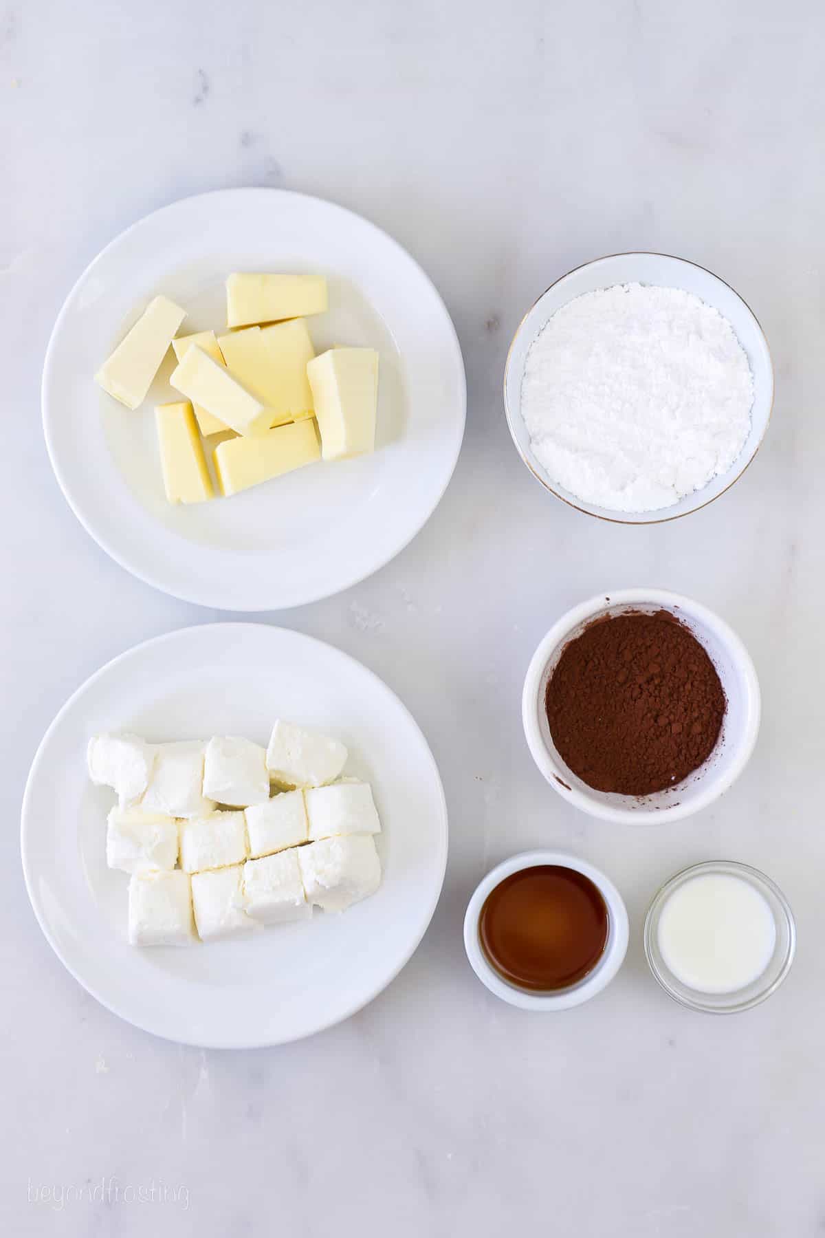 The ingredients for chocolate cream cheese frosting.