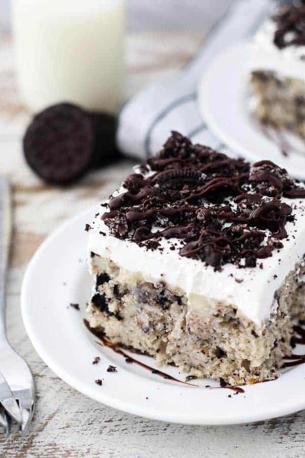 An overhead shot of a slice of cookies and cream cake