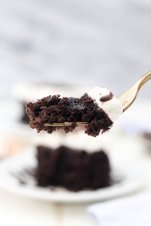 A gold fork with a big bite of chocolate cake on it