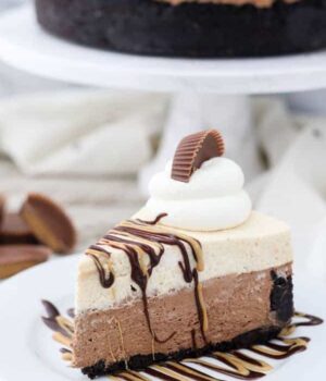 A large slice of peanut butter chocolate mousse pie with hot fudge and melted peanut butter dripping down the sides. There's a big dollop of whipped cream on top and a half a Reese's Peanut Butter Cup.