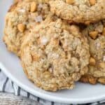 A white rimmed plate with stacks of butterscotch oatmeal cookies sprinkled with flakey sea salt