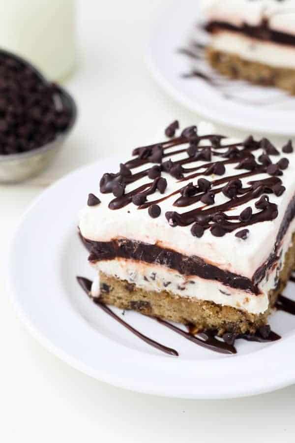 An overhead view of a chocolate chip cookie icebox cake