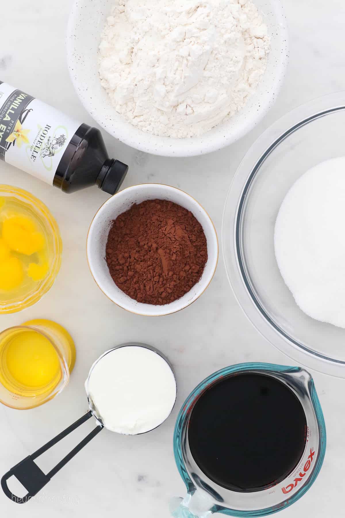 The ingredients for homemade chocolate cupcakes.