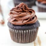 A chocolate cupcake topped with a swirl of chocolate cream cheese frosting and chocolate sprinkles.