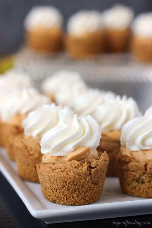 A white plate full of mini cookie cups topped with whipped cream