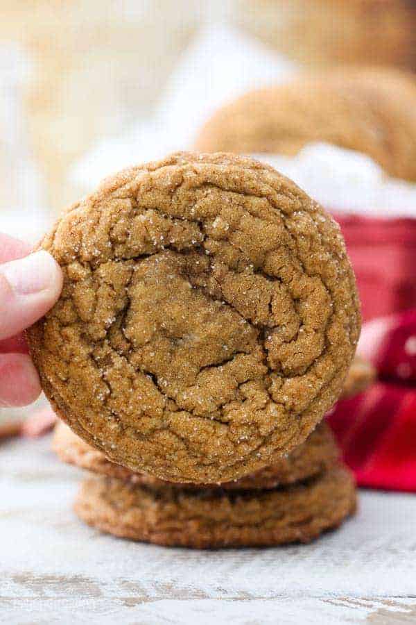 Two fingers holding up a big molasses cookie rolled in sugar